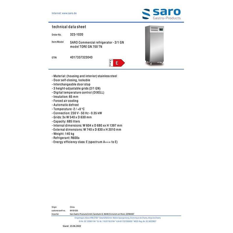 Saro Køleskab med ventilation TORE GN TN - 700 - Billede 3