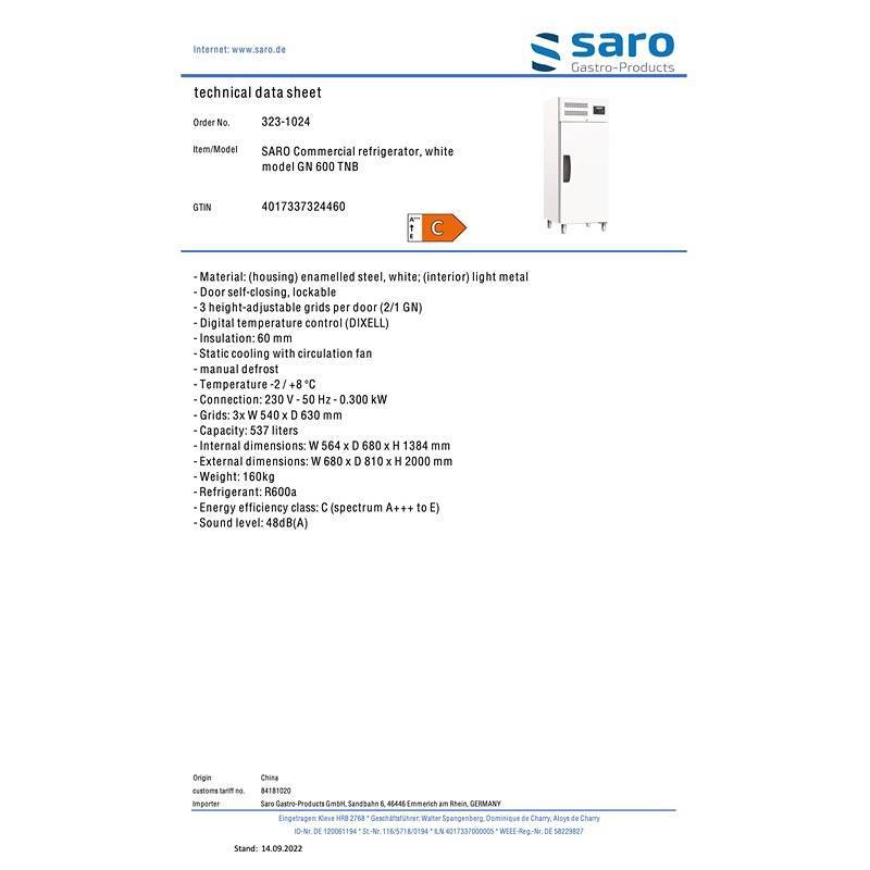 Saro Køleskab med ventilation GN TNB - 600 - Billede 3