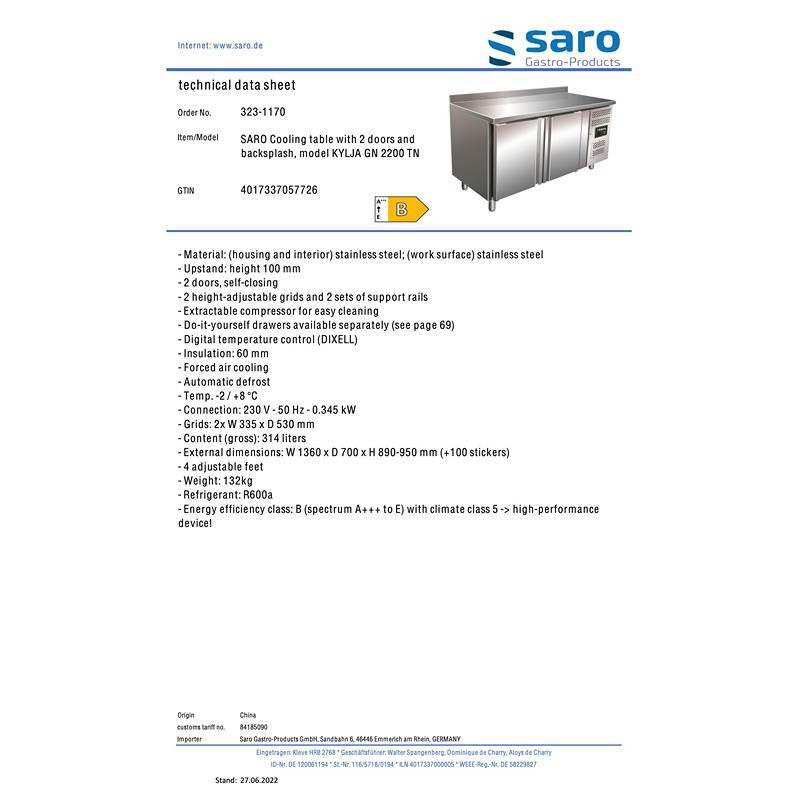 SARO-kølebord med bagbeklædning KYLIA GN 2200 TN - Billede 3