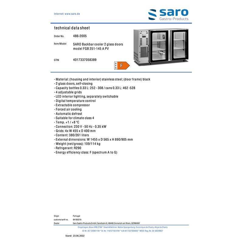 SARO Backbarcooler med 2 glasdøre, FGB 251-145 A PV - Billede 3